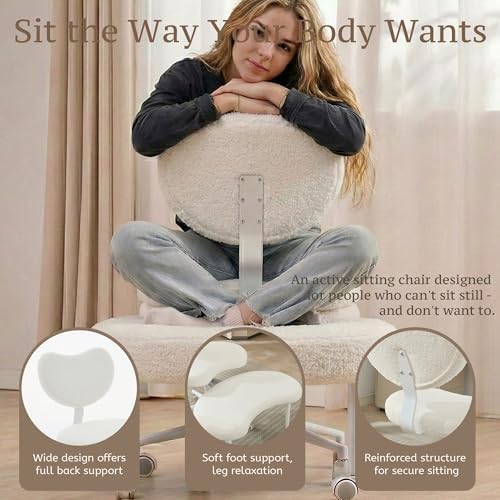 Ergonomic Cross Legged Chair, Meditation Chair Plus with Wheels for ADHD/Fidgety Sitters, Height Adjustable & Lumbar Support, Teddy Fabric, Ivory Home Office Furniture
