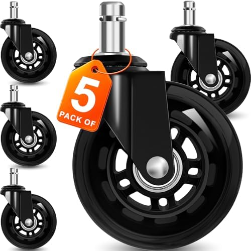Office Chair Wheels for Casters Replacement - 3" Rubber Wheels for Computer Gaming Desk Caster Smooth & Safe Rolling for All Floors Including Hardwood and Carpet - Set of 5 - Black