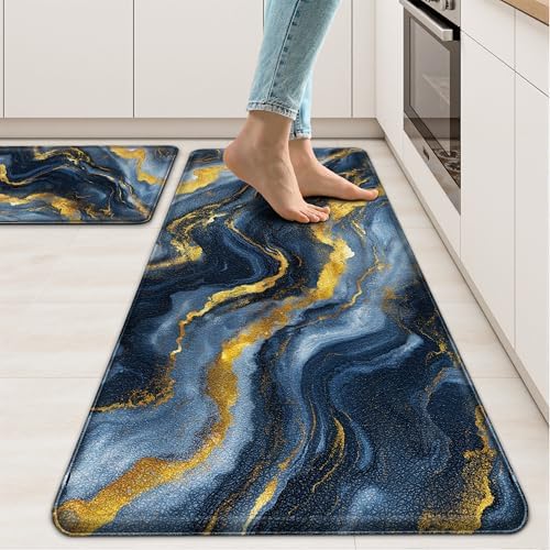 Tyrot Gold Blue Kitchen Mats for Floor 2 Pcs 17.3"X28"+17.3"X47"