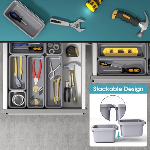 6 PCS Drawer Organizer Set, 3 Size Makeup Drawer Divider Organizer With Non-Slip Pads, Interlocking Plastic Storage Bins for Office,Jewelry Vanity,Gadgets, Bathroom,Kitchen, Grey
