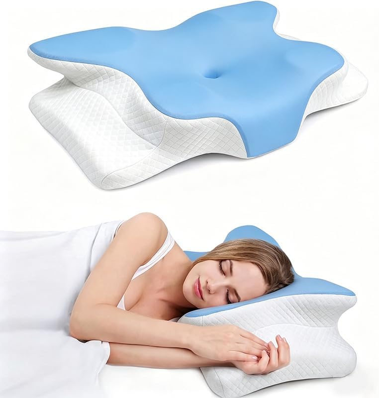 Cooling Neck Support Pillow, Adjustable Cervical Memory Foam for Pain Relief, Odorless Ergonomic Orthopedic Bed Pillows for Side Back Stomach Sleepers, Cozy Sleeping (Blue)