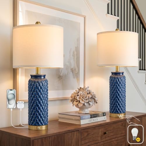 USumkky 25'' Touch Table Lamps for Nightstand Blue Ceramic -3 Way Dimmable