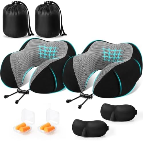 CloudBliss Memory Foam Travel Neck Pillow, Set of 2, Black & Black