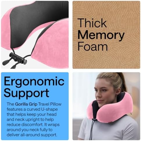GORILLA GRIP Travel Neck Pillow for Airplanes, Travel Essentials, Pink