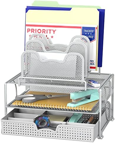Simple Houseware Mesh Desk Organizer with Sliding Drawer, Silver