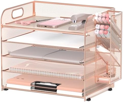 5-Tier Paper Organizer for Desk with Pen Holders, Letter Trays, Rose Gold