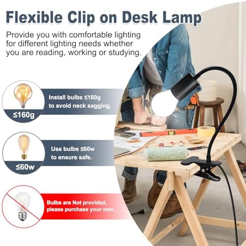 E26/E27 Clip-On Bulb Holder With 7.2Ft Switch Cable - Flexible Desk Lamp With Metal Clip, 9MM&35CM Thickened Lengthened Gooseneck Clamp Light Socket for Bedside Table