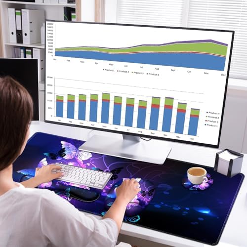 Large Mouse Pad with Wrist Support 4in1 Set, XXL Game Mousepad + Keyboard Wrist Rest+Mouse Wrist Rest+Coaster with Ergonomic Design Gaming Mat for Home Office Table Computer I Purple Butterfly