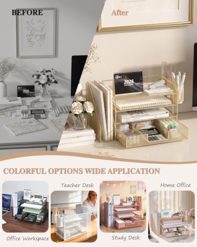 WALI Desk File Organizer, 4 Tier Desktop Paper Letter Tray Organizer with Drawer and 2 Pen Holders, Office Desk Accessories & Workspace Organizers for Office, Home, School Supplies, 1 Pack, Gold