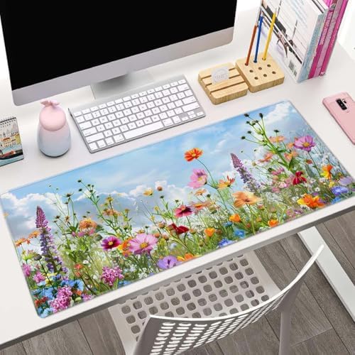 Flowers in Garden Large Gaming Mouse Pad Keyboard Desk Pad Extended Mouse Pad Gaming Office Decor, PC Laptop Mouse Pads Large (31.5x151.8 in) with Stitched Edges Non-Slip Base Mousepad XL