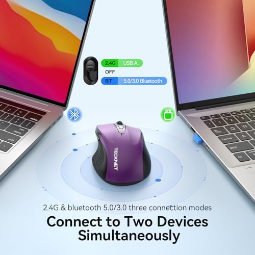 TECKNET Rechargeable Jiggler Wireless Mouse, Dual-Mode Connectivity, Purple