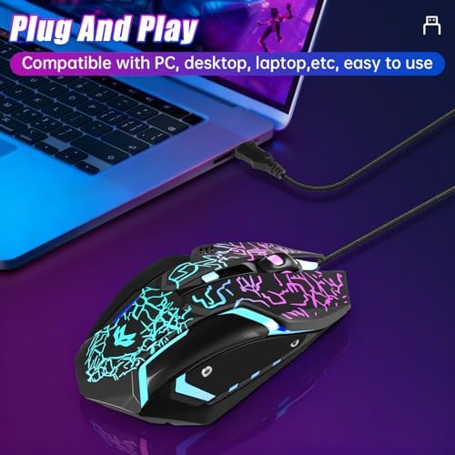Wired Gaming Mouse,Ergonomic Optical Gaming Mice with 7 Color LED Backlight, 4 DPI Settings Up to 3600 DPI Computer Wired USB Mouse for Laptop/mac, 6 Buttons, Black