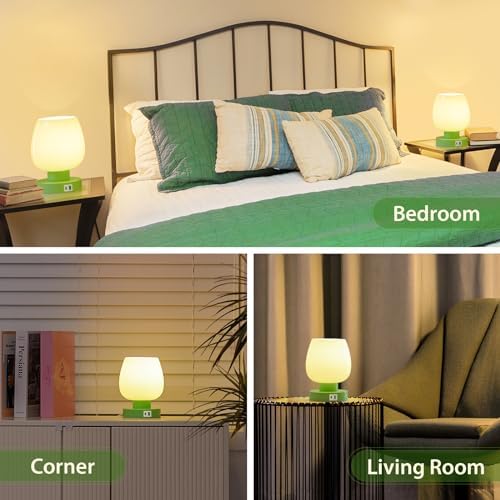 Touch Bedside Table Lamp with USB Charging - Modern Green Small Lamp for Bedroom Living Room Nightstand, Desk lamp with Glass Lamp Shade, Warm LED Bulb Included, 3 Way Dimmable, Simple Design
