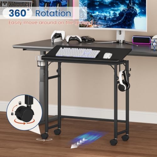 Snughome Mobile Keyboard Tray with Wrist Rest, Wire Cup Holder & 2 Hooks, Height Adjustable 27.5"-41.7", Rolling Keyboard Standing Desk with Lockable Casters for Home Office (Black)