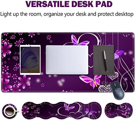 Upgraded Extended Gaming Mouse Pad, Keyboard Wrist Rest Pad, Wrist Support Mousepad Set, Artso Large Rubber Base Stitched Edges, Multifunctional Desk Pad (35 x15.5 in), Purple Heart Butterfly