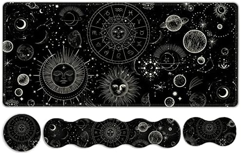 Gaming Mouse Pad Keyboard Wrist Support, 4 in1 Mousepad Set with Wrist Keyboard Rest, Computer Desk Mat, Non-Slip Desk Pad Protector with Memory Foam Easy Typing Pain Relief I Moon Sun Cosmic