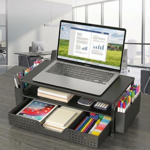 ECOLOVI Desk Organizer and Accessories, 2-Tier Computer Monitor Stand Rise with Storage Drawer & 2 Pen Holders, Laptop & Printer Stand for Desktop, Workspace Organizers for Office Supplies (Black Wood)