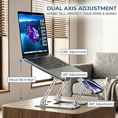 Adjustable Laptop Stand with Phone Holder, Ergonomic Alloy Steel Laptop Riser, Portable & Foldable Computer Stand for Desk, Compatible with MacBook Pro/Air All 10-18" Laptops (Silver)