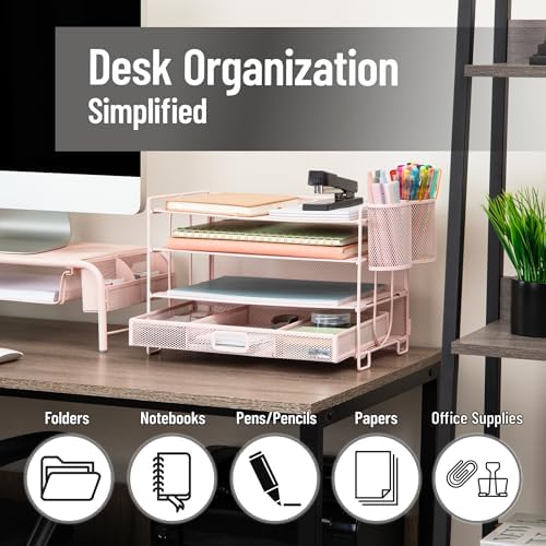 Mind Reader Mesh Desk Organizer, 3 Trays, 1 Drawer, 2 Pen Holders, Office Desktop Organizer, Metal Mesh, Pink