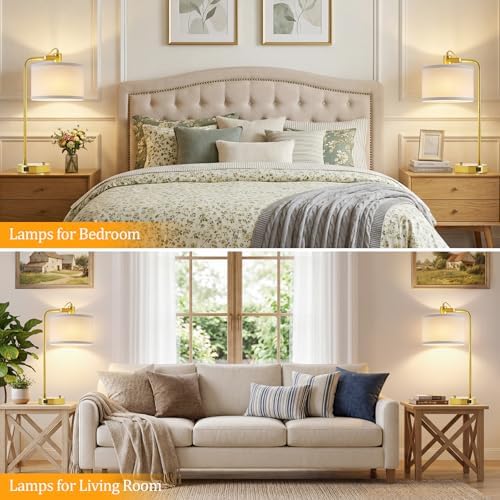 Gold Table Lamp Set of 2, USB A+C, 180° Adjustable Bedside Lamps, Dimmable