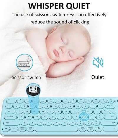 Quiet Wireless Keyboard, Round Keycaps, Low Profile Slim Design (Blue)