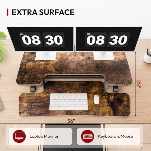 SANODESK 36" Standing Desk Converter, Height Adjustable Sit-Stand Computer Riser, Dual Monitor Workstation with Keyboard Tray, Ergonomic Tabletop, Rustic Brown