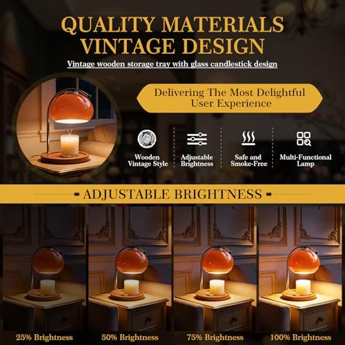 Topyond Aroma Wax Melting Lamp, Retro Wood Glass Candle Warmer，Orange Red