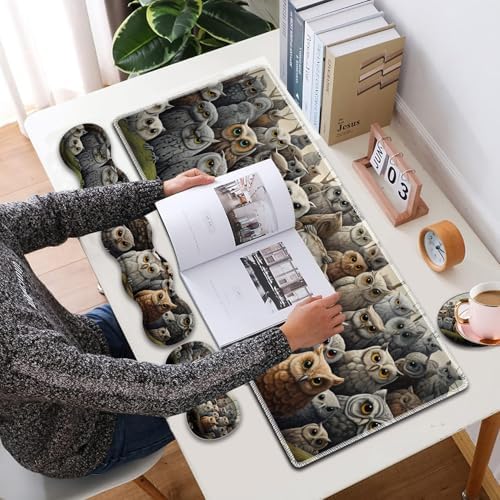 4 in 1 Mouse Pad Combo, Large Gaming Mouse Pad + Keyboard Wrist Support + Mouse Wrist Rest + Coaster, Table Pad 31.5 "x 11.8" with Memory Foam Ergonomic Wrist Pad Set, Many Owl