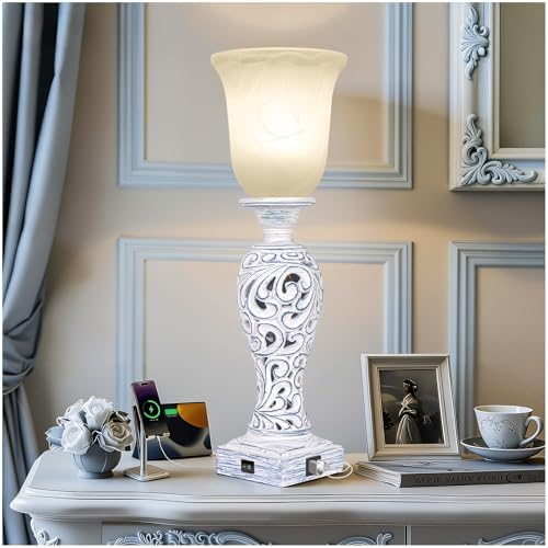 3-Way Dimmable Table Lamp with 2 USB Charging Ports, Washed Blue Finish
