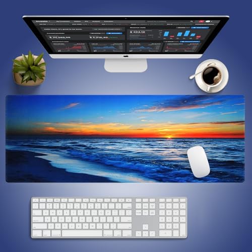 Sunset Glow Over The Blue Ocean Large Mouse Pad, Sea Wave Scene Desk Mat