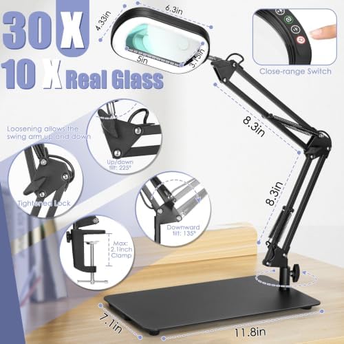 30X 12X Square Magnifying Glass with Light and Stand, Real Glass LED Lighted Magnifier, 5 Color Modes Stepless Dimmable, Hands-Free Mag Desk Lamp with Clamp for Reading Craft Hobby Close Work Black