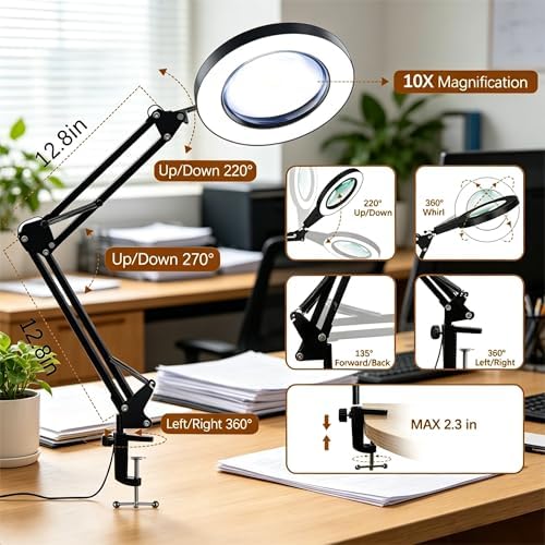 10X Magnifying Glass with Light and Clamp, Magnifier with Light Hands Free3 Color Modes Stepless Dimmable, 72 LEDs Real Glass Lens Magnifying Lamp for Close Work, Repair, Reading, Craft