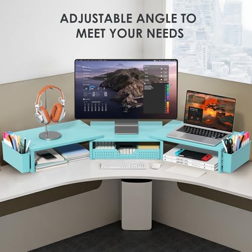 Desk Organizers and Accessories, Dual Monitor Stand Riser with Drawer and 2 Pen Holders, Desk Shelf Printer Stand for Office Workspace Organizers, Desktop Organization (Blue)