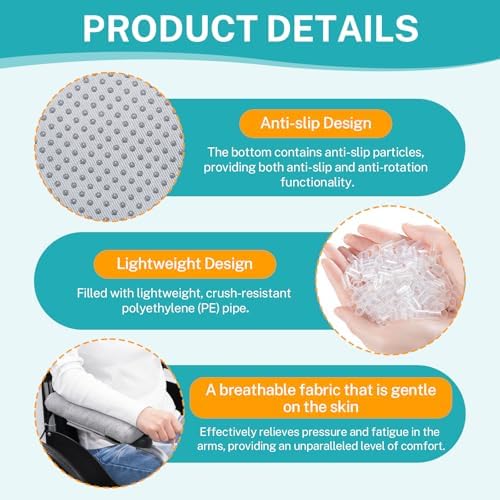 Elderly Wheelchair Armrest Pad (Pair) - Mobility Scooter Elbow Pillow Tray Soft Cushion, PE Hose Filling Accessories Pads for Wheelchair Arm Rest, Office Transport Chairs (Grey)