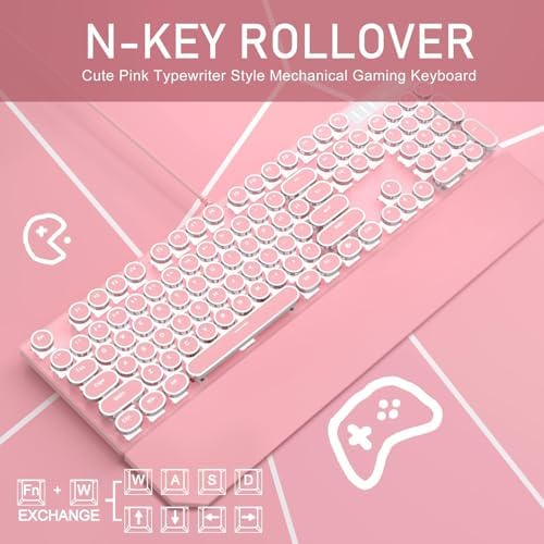 Camiysn Typewriter Style Mechanical Gaming Keyboard, Pink Retro Punk Gaming Keyboard with White Backlit, 104 Keys Blue Switch Wired Cute Keyboards, Round Keycaps for Windows/Mac/PC