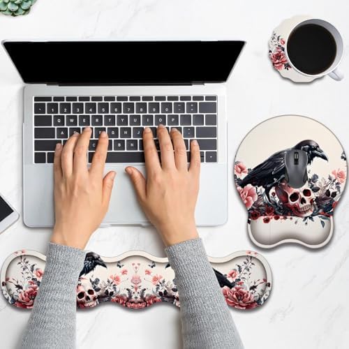 Keyboard Wrist Rest and Mouse Pad Wrist Support with Lace-Shaped Coaster Set, Ergonomic Gel Memory Foam and Anti-Slip Base, Easy Typing and Pain Relief - Rose Skeleton