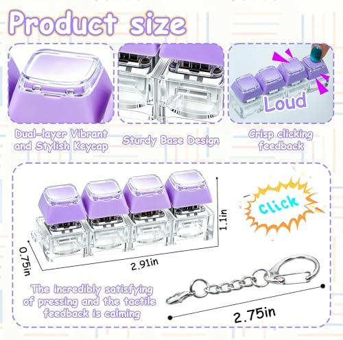 2 PCS Keyboard Fidget Toy, Double Layer Keycap Keyboard Fidget Keychain 4-in-1 Keyboard Decompression Button Finger Clicker Toys,Portable Tactile Button Sensory Fidget Toys Stress Relief Gifts(Purple