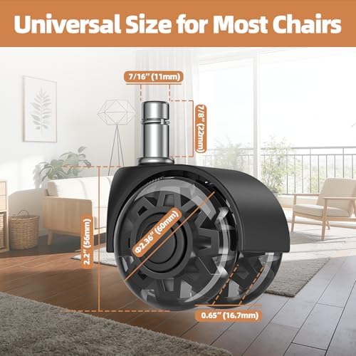 2" Replacement Wheels for Office Chair, Set of 5 Universal Size 11x22mm Roller Blade Wheels for Computer Gaming Chair, Carpet & Hardwood Floors, Quiet Heavy-Duty Smooth (Black)