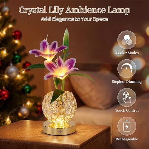 Stargazer Lily Flowers Table Lamp, Rechargeable Cordless Touch Crystal Lamp with 3 Color Modes, Easter Lily Night Light for Bedroom Kitchen Office Decor, Birthday Mothers Day Gifts for Women Mom