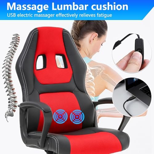 PayLessHere Gaming Chair Office Chair with Support Adjustable Ergonomic Pu Leather Racing Lumbar Massage Headrest Armrest Task 360° Swivel Computer Chair for Women Men Adults，Red