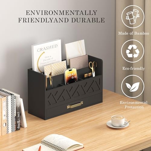 Bamboo Mail Organizer Countertop Pen Holder Wooden Desktop Storage Drawers