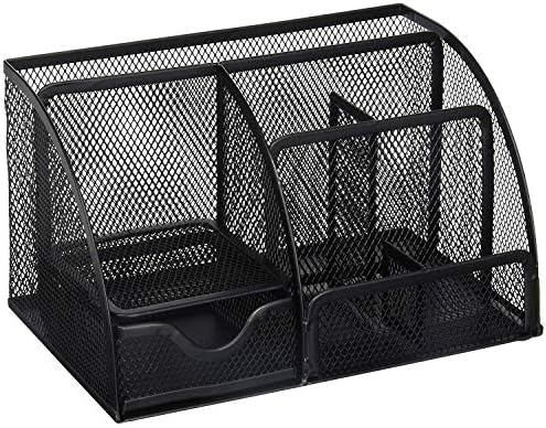 Greenco Mesh Desk Organizer Office & Dorm Room Supplies Caddy, 6 Compartments, Small Black Desk Organizer for Pen, Pencil, Small Office Supplies and Stationary Accessories Storage Organization