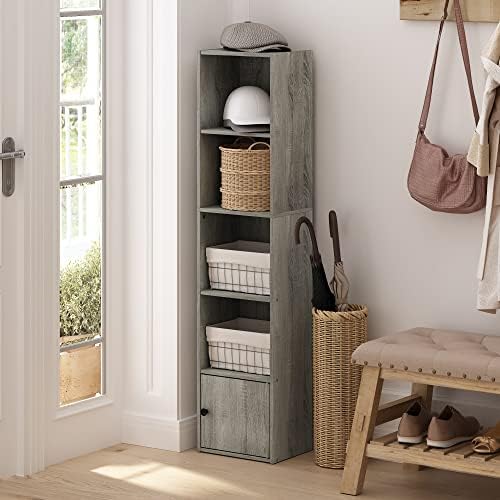 Furinno LUDER Book Shelf, 5-Tier Modern Bookshelf, Bookcase with 1 Door Storage Cabinet, 9.3 x 12 x 52, for Organization and Storage, for Living Room, Bedroom, Home Office, French Oak