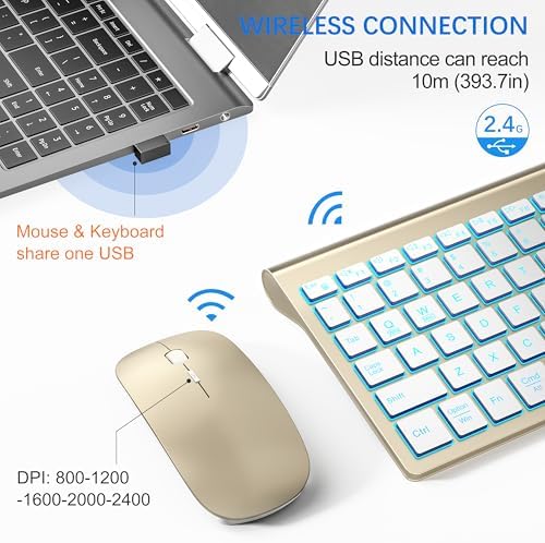 Wireless Backlit Keyboard and Mouse Ultra Slim Combo, TopMate - Gold White