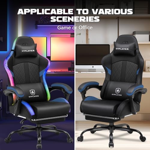 GTPLAYER RGB Gaming Chair with Speakers, Computer Gamer Chair with Footrest and LED Lights, PC Gamer Chairs for Adults, High Back Reclining Office Chairs, Linkage Armrest (Blue, with Speakers)