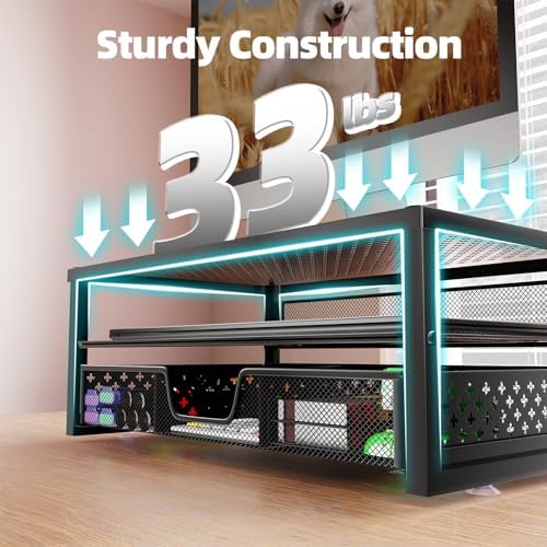 Simple Trending Metal Monitor Stand Riser and Computer Desk Organizer with Drawer for Laptop, Computer, iMac, Black (Pack of 2)
