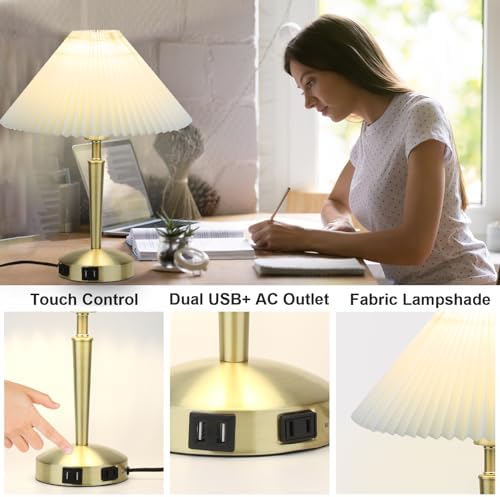 LALISU Touch Bedside Table Lamp, Fabric Shade Small Table Lamp, Gold