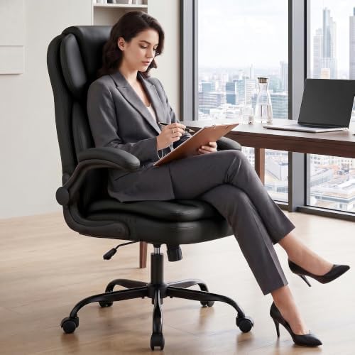 Ergonomic PU Leather Office Chair with Double-Layer Seat Cushion, Adjustable Armrest and Headrest, Reclining Backrest 360° Swivel Rolling Computer Desk Chair for Home Office Gaming Space, Black