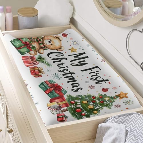 Cute Christmas Bear Trees Winter Holiday Pattern Baby Changing Pad Cover, Unisex Christmas Nursery Diaper Changing Table Pad Mat Sheet for Boys Girls-16x32
