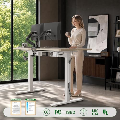 FEZIBO Electric Standing Desk with L-Shaped Crossbar & Cable Management System, 48 x 24 Inches Sit Stand up Desk, Adjustable Height Standing Desk for Home Office, Light Walnut